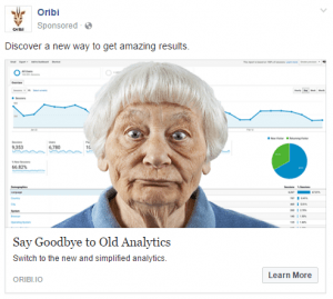 Facebook Ad example with a headline saying goodbye to old analytics